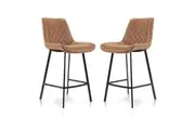 Raimon Furniture Set of 2 Fin Fabric Suede Kitchen Counter Bar Stool Black Metal Legs 66cm - Cognac