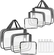 Clear Travel Toiletries Bag Set GLAMZA® Travel Toiletry Bag Set of 6 PVC Bags for Men & Women x2 Small, x2 Medium & x2 Large - Ideal Wash Bag Set for Makeup Plus x5 50ml Travel Bottles, Black, Clear