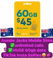 Optus Prepaid Mobile Phone Sim Unlimited Calls Text 60GB Data 28 Day Exp Aussie