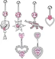 [TJCGCKK] 6 Pcs Pink Dangle Belly Button Rings for Women Girls Cute Stainless Steel Belly Ring Piercing Navel Barbell Body Jewelry