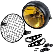Retro Vintage Motorcycle Universal Side Mount 35W 6.5 inch Amber Headlight Caf Racer with Grille + Bracket Kit Yellow black
