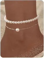 [xdlhghe] Pearl Anklets for Women Men 2pcs Silver Pearl Beach Cute Ankle Bracelets Charm Beach Beachy Bangle Womens Anklets Jewelry