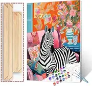Tucocoo Zebra Sitting on Sofa Paint by Number Colorful Vintage Style DIY Painting on Canvas with Brushes Acrylic Paints Paint by Numbers for Adults and Kids Beginner DIY Kit 16x20 Inch（DIY Frame）