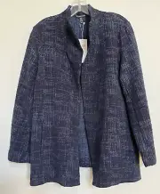 NWT Eileen Fisher navy open front high collar textured cotton tencel jacket sz M