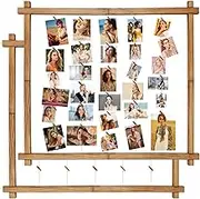 Picture Frames Collage,Photo Display Board With Clips,Hanging Picture Wall Decor for Dorm Graduation Letter Postcard Greeting Card Organizer Holder,Pine Wood,Adjustable Metal Bead String,Large,2 Pack
