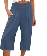 [Generic] Cotton Linen Casual Summer Capri Pants Printed Cropped Comfy Baggy Trousers with Pockets Palazzo Lounge Shorts, Blue-e, 3X-Large