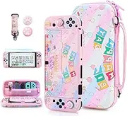 FUNDIARY Pink Carrying Case for Nintendo Switch OLED, Cute Panda Accessories Kit with Shockproof Travel Bag, PC Streak Protective Cover, Screen Protector, Shoulder Strap & 2 Thumb Cap - Birthday Party