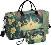 [ZRYSMY] Duffel Bag for Traveling, Cat Florals Vintage Travel Bag Gym Bag, with Multiple Interior Pockets Shoulder Weekender Bag for Women Men with Toiletry Bag 20.5L x 1.9W x 13.8H, Multi-Colored, one