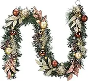 Valery Madelyn 6 ft Pre-Lit Christmas Garland with Light for Mantle, Lighted Battery Operated Xmas Garland with Bronze Copper Gold Ball for Front Door Fireplace Table Centerpiece Outdoor Window Decor