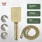 Brushed Gold Hand Held Shower Head 3-Mode Sqaure and 1.5m Flexible Hose Bathroom
