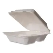 White Molded Fiber Clamshell Containers, 3-Compartment, 7.9 x 7.9 x 2.9, White,