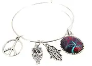Tree of Life Bracelet Silver Plate Expandable Bangle Hamsa Peace sign Owl