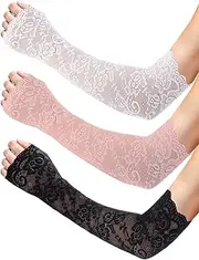 [Styquenzer] 3 Pairs Long Lace Arm Sleeves for Women, Long Fingerless Lace Gloves Elegant Floral Hollow Out Sleeves Warmers Sunscreen Gloves for Wedding Tea Party Pattern Engagement Dress (Black White Pink)