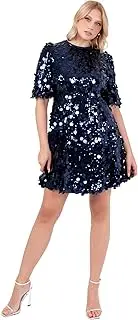 [Lovedrobe] Women's Mini Ladies Short Puff Sleeve Round Neck Fit and Flare Sequin Embellished A-line Party Cocktail Evening Dress