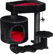 Gothic Cat Tree - Coffin Bed Cat Tower Condo with Scratching Post, Spider Hanging Ball - Black Red Halloween Kitten Pet Furniture MMJ93R