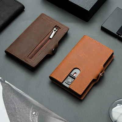 Men Wallets 100% Genuine Cow Leather Popup Short Card Holder Purse High Quali...