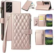 [Boyobacase] for Samsung Galaxy S21 Ultra Wallet Case,for Galaxy S21 Ultra 5G Case, PU Leather Wallet Flip Cover Stand Feature[6 Card Slots] [1 Zipper Coin Pocket] with Wrist Strap-Rose Gold