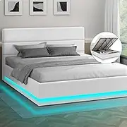 ALFORDSON Gas Lift Storage Bed Frame Base with Headboard & LED Light Bertold Series, Mattress Topper Platform Foundation with Boucle Fabric Upholstery, 350kg Capacity, King, White Colour