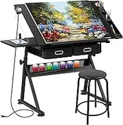 HomGarden Height Adjustable Drafting Desk Drawing Table Art Craft Work Station w/Stool, Power Outlet and Storage Drawers for Home Office Study Room, Black