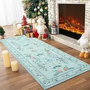 Przemy Runner Rug for Bedroom, 2x6 Washable Boho Area Rugs, Non Slip Low Pile Hallway Floor Carpet, Vintage Floral Rug Runner for Living Room Kids Dorm Laundry Nursery Indoor Entryway Decor, Blue