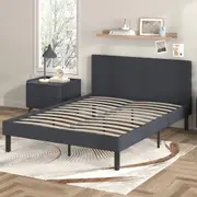 Advwin Bed Frame Double Size Fabric Upholstered Mattress Platform Base With Foam Headboard Grey