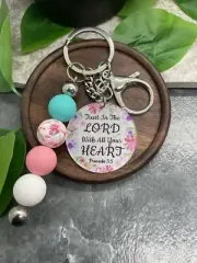 4" Silver-Tone Silicone Beaded Charm Scripture Keychain New Free Ship A4046