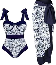 [Generic] Sexy Sheer Bikini Abstract Floral Print 1 Piece Swimwear+1 Piece Cover UP Two Piece Vintage Print Swimsuit Monokini Bikini 2 Piece Swimsuits Two Piece Tankini Set Swimsuit Bottoms