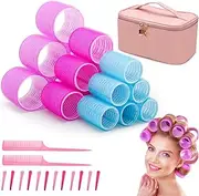 Hair Rollers with Makeup Carrying Case 34PCS, FISHOAKY 18 Self Grip Velcro Hair Rollers with 12 Clips, 2 Rat Tail Comb, 1 Braid Device, Self Grip Hair Curlers for Bangs, Long, Medium, Curly Hair(Pink Makeup Bag)