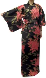 Women's Yukata Robe Japanese Summer Kimono - Flowing Peony Black