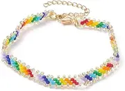 [Stiesy] 3 Pcs Boho Glass Seed Braided Beaded Bracelet Sets Rainbow Bracelets with Colourful Handmade Jewelry Anklets Bohemian Summer Beach Y2K Fashion Jewelry Bracelet for Women Party Present, 19cm,