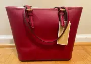 Michael Michael Kors Jet Set Item MD Snap Pocket Leather Tote Cherry New