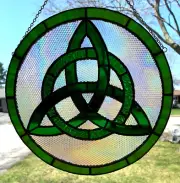 Huge CELTIC KNOT Green & Iridized Clear STAINED GLASS Suncatcher CHRISTMAS Gifts
