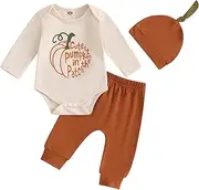 [Lamuusaa] Newborn Baby Boy Halloween Outfit Cutest Pumpkin In The Patch Romper Long Pants Hat 3Pcs Fall Outfit 0-18M
