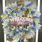 Welcome Y'all Lemons Blue Spring Summer Deco Mesh Wreath Farmhouse Cottage Decor