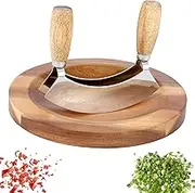 Ulu Knife and Cutting Board Set Staniless Steel Rocker Chopper Slicer Cutter Rustproof Pizza Cutter Rocker Slicer Curved Double Blade Pizza Chopper with Double Wood Handles for Vegetable Pizza