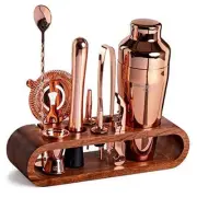 Mixology Bartender Kit: 10-Piece Bar Set Cocktail Shaker Mahogany Stand Copper