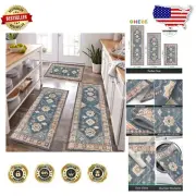 Lightweight Washable Kitchen Rug Set - 3-Piece Non-Slip Farmhouse Mats & Runner