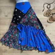 Boho Blue Patchwork Floral Print Flared Midi Skirt Asymmetric Tiered Frill Hem
