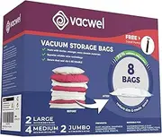 [vacwel] 8-Pack Variety - Ziplock Vacuum Storage Bags for Clothes - Space Saver Bags for Packing Clothes - Vacuum Space Savers – 2xJumbo (43x30in) +2xLarge (32x21in) +4xMedium (28x20in) + Bonus Hand Pump