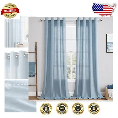 Elegant Light Filtering Linen Blend Curtains 108in Grommet Panels - Dusty Blue