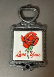 Vintage Retro ACME Cast Iron Ceramic Tile Trivet Love You Red Rose Coaster