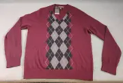 Merona 100% Italian Merino Wool V-Neck Sweater Mens L Burgundy Argyle Casual NEW