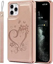 Cavor for iPhone 11 Pro Wallet Case PU Leather TPU Back Cover Flip Magnetic Clasp Heart Flower Butterfly Shockproof Cases Lanyard Card Slots Holder Kickstand-Heart Flower Rose