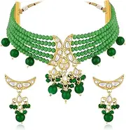 [Aheli] Kundan & Beads Studded Green Necklace Earrings Set Ethnic Jewellery for Women, One Size, Metal, No Gemstone