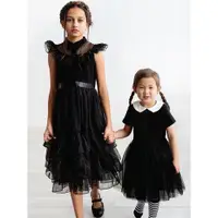 在飛比找ETMall東森購物網優惠-星期三童裝兒童節61歲赫本風小黑裙女童黑色禮服裙連衣裙夏亞當