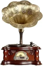 Record Player Retro Turntable All in One Vintage Phonograph Nostalgic Gramophone for with Copper Horn, Built-in Speaker in/USB/FM Radio