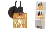 1-Light Vintage Gooseneck Sconce Wall Lighting with Rattan Shade, Industrial