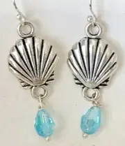 Summer Opalescent Blue Crystal Teardrop & Silver Seashell Earrings. Beach. Ocean