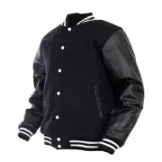 Letterman Bomber Varsity Style 3XL' Black Wool & Genuine Black Leather Sleeves