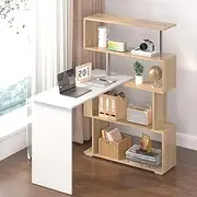 ADVWIN Rotating Office Desk with Storage Shelves, Corner Study Laptop Table, Computer Desk, White & Wood